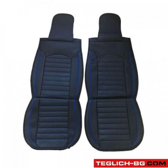 Комплект кожени универсални калъфи за седалки 2бр/к-т - Черно със синьо