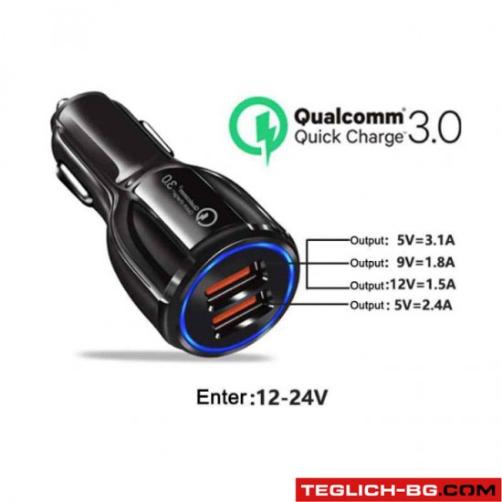 Универсално USB зарядно за кола Qualcomm 3.0 с два порта - 1892